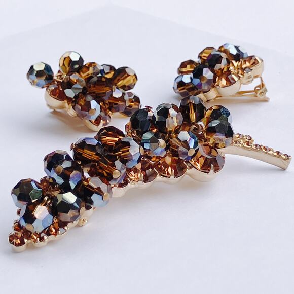 VTG Juliana Mid Century Cha Cha Brooch Earrings Set Gold Tone AB Beads Root Beer - Picture 6 of 14